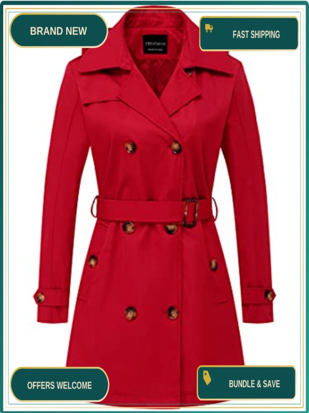 Women's Double-Breasted Trench Coat Detachable Hood Belted Slim Overcoat